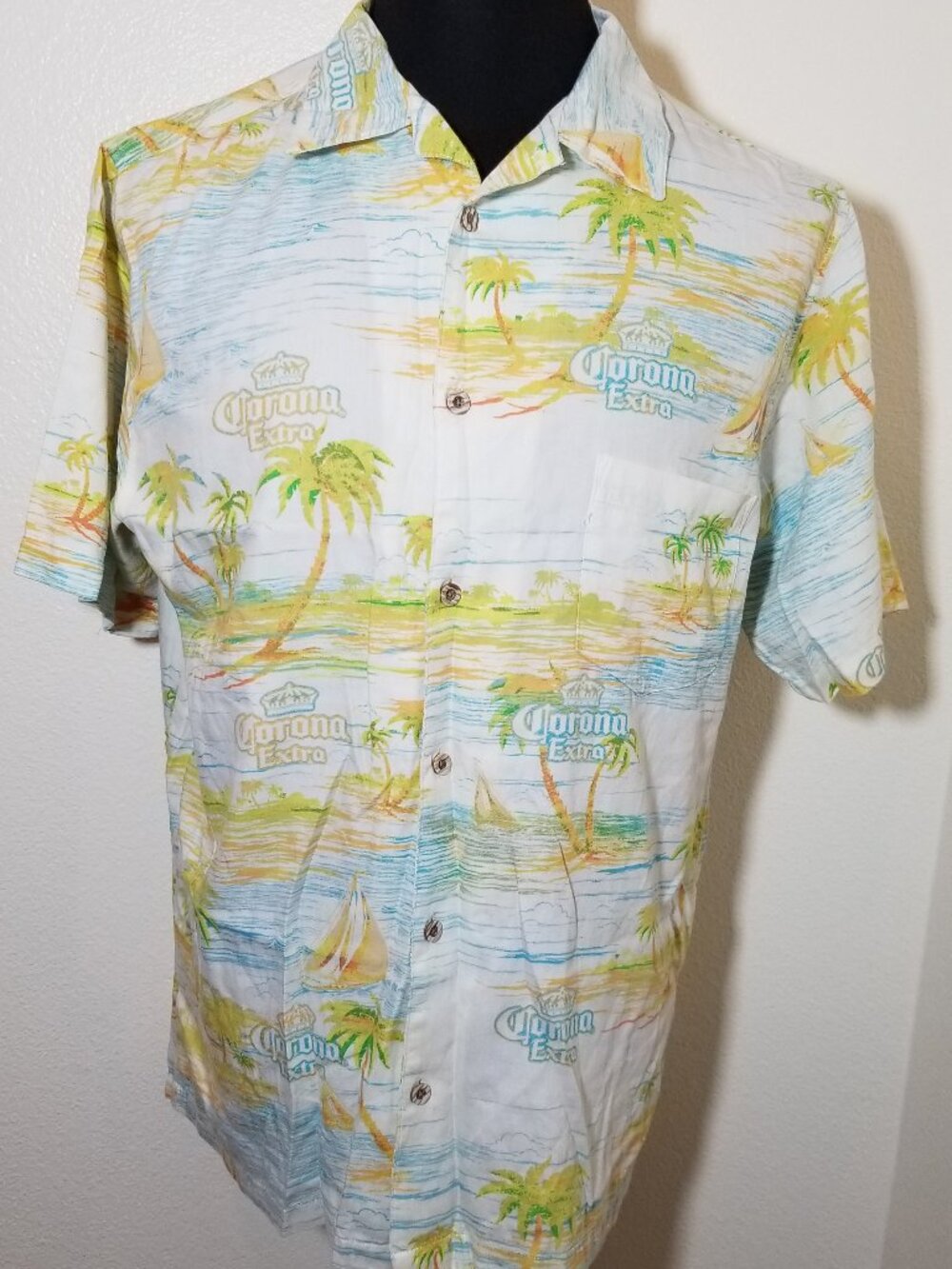Corona Extra Newport Blue Mens Large Short‎ Sleeve Shirt Beach Tropical Coastal